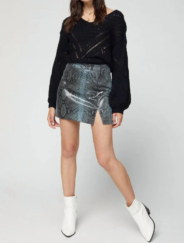 Snake Skin Faux Leather Mini Skirt In Blue