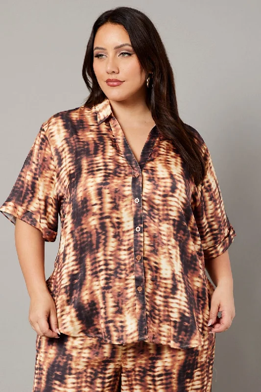 Brown Abstract Relaxed Shirt Short Sleeve Satin