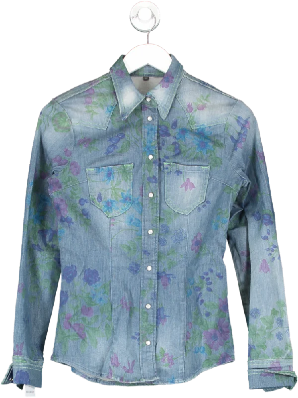 Don't Cry Milan Blue Floral Printed Denim Shirt UK 6