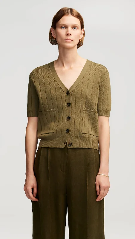 Everyday Shortsleeve Cardigan in Merino Wool | Khaki Green