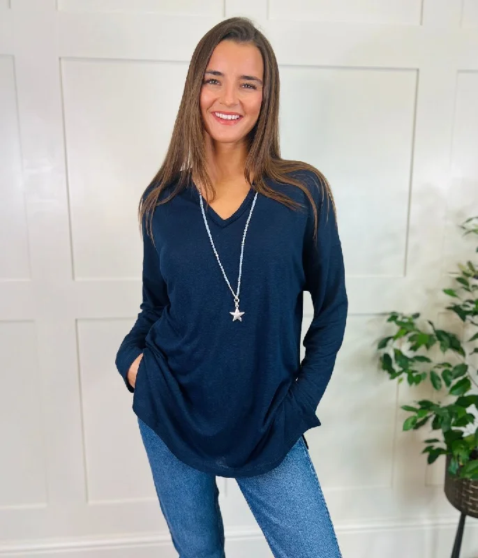 Navy Linen Rich Raw Hem Top