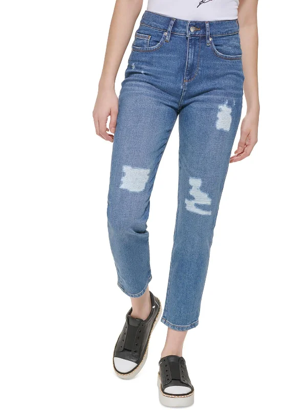 Womens Distressed Denim Straight Leg Jeans