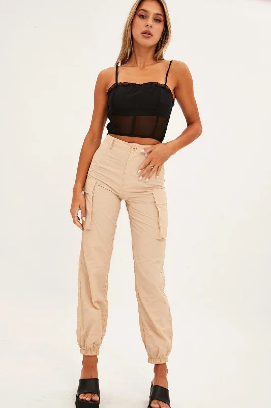 Beige High Rise Wide Leg Cargo Pants