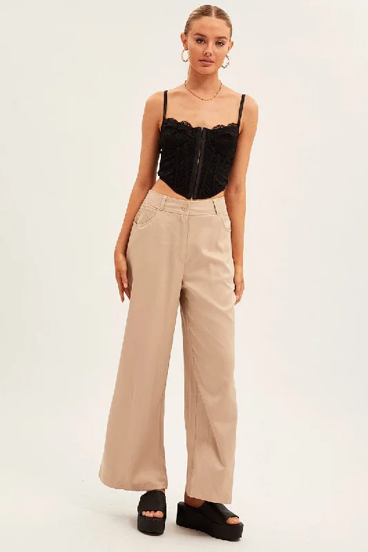 Beige Wide Leg Pants High Rise