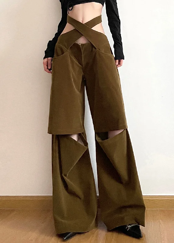 Chic Brown Hollow Out Pockets Cotton Wide Leg Pants Fall