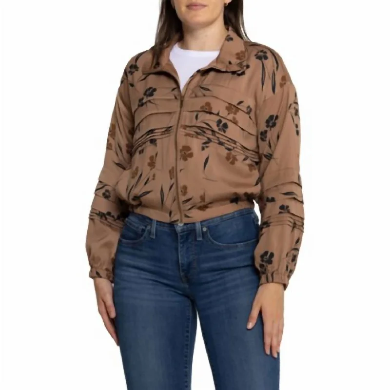 Floral Zip Front Bomber Jacket In Chai