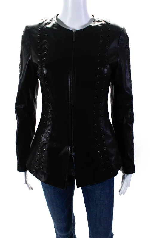 In Transit Womens Woven Leather Crew Neck Full Zip Jacket Black