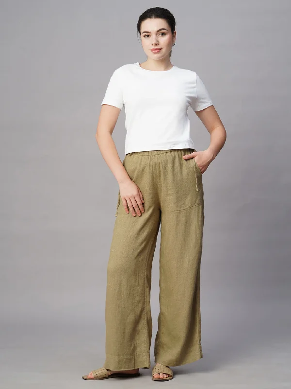 Women's Khaki Linen Cotton Wide Leg Pant