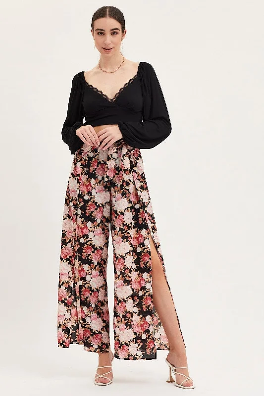 Print Wide Leg Pants High Rise Front Split