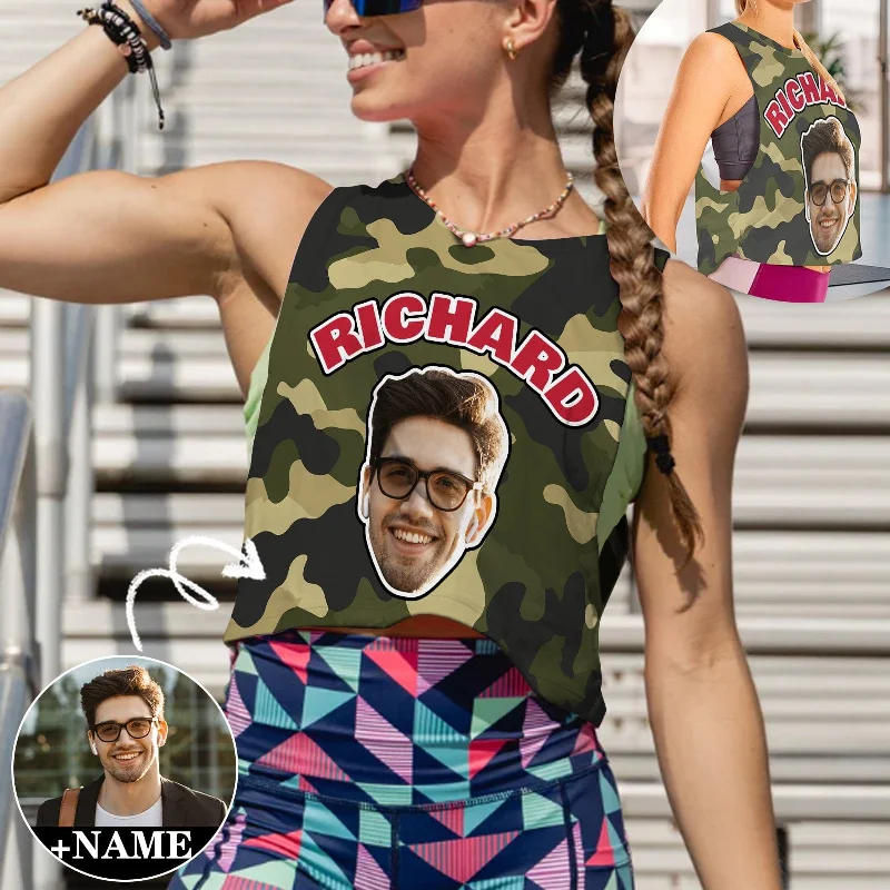 Custom Face&Name Camouflage Tank Top Personalized Women's Sleeveless Crop Sports Top