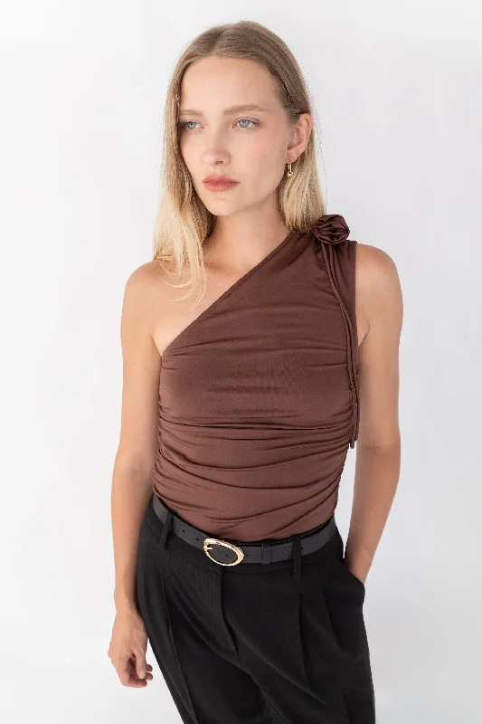 ONE SHOULDER RUCHED TOP WITH ROSETTE DETAIL