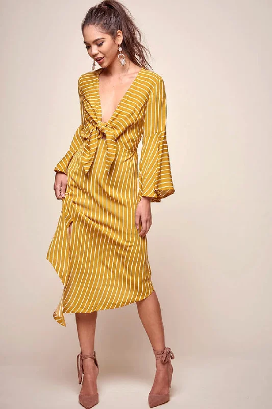 Jaedyn Waist Tie Bell Sleeve Dress Mustard