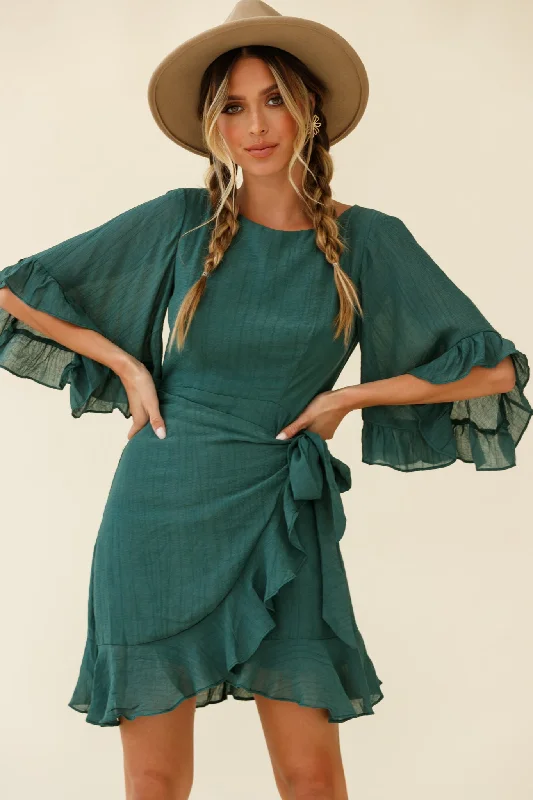 Make It Happen Flared Sleeve Ruffle Trim Dress Green