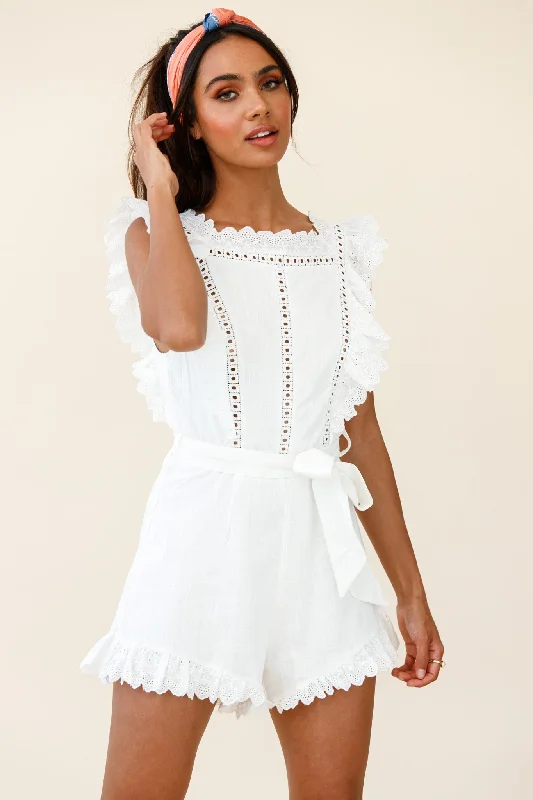 Meadow Ruffle Trim Waist Tie Romper White