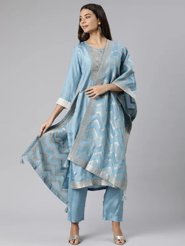 Neeru's Blue Regular Straight Floral Kurta And Trousers With Dupatta