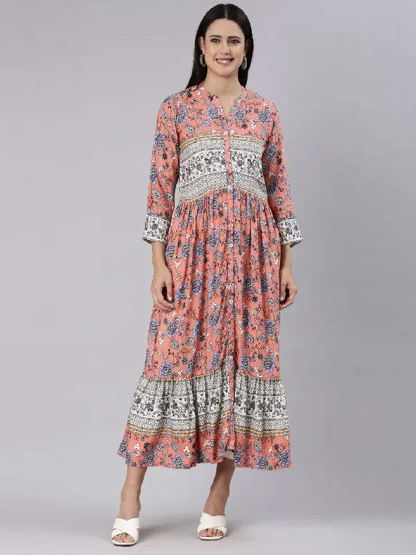 Neeru's Coral Straight Casual Floral Dress