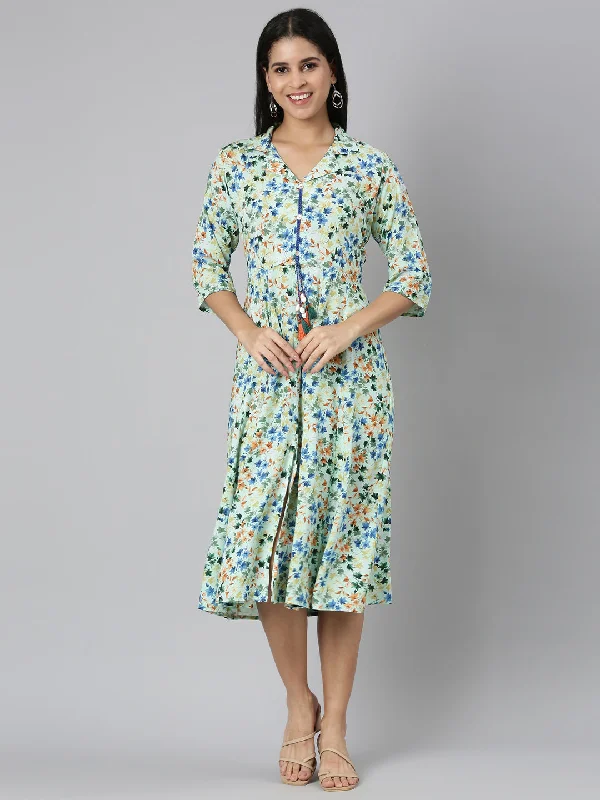 Neerus Green Flared Casual Floral Fit and Flare Dresses