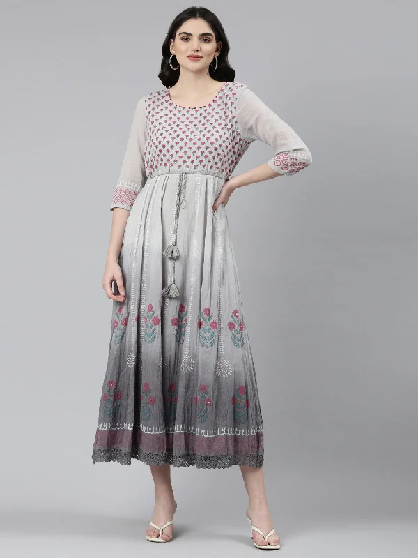 Neeru's Grey Straight Casual Printed Dress