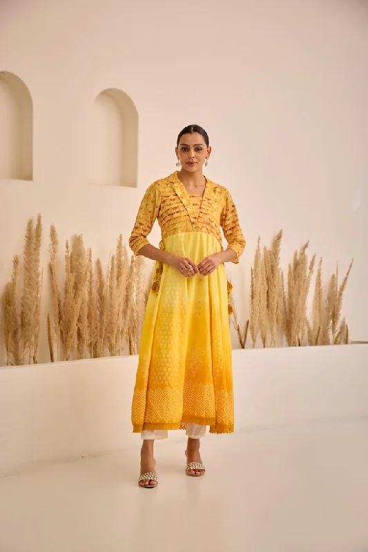 Neerus Lemon Curved Embroidered Dress.