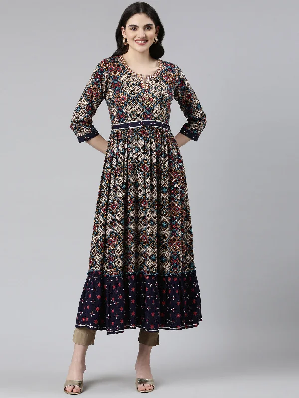 Neeru's Navy Blue Straight Casual Printed Dress