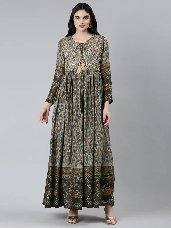 Neeru's Olive Straight Casual Floral Dresses