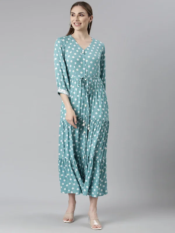 Neeru's Sea Green Straight Casual Polka Dots Dresses