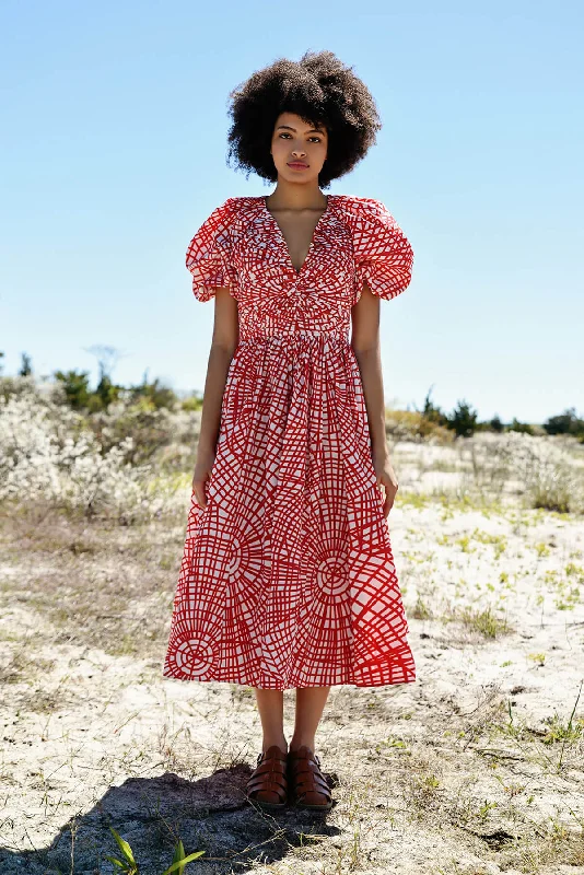 Red Gingham Taffeta Midi Dress