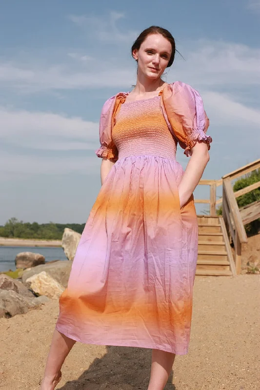 Sunset Purple Orange Smocked Midi Dress