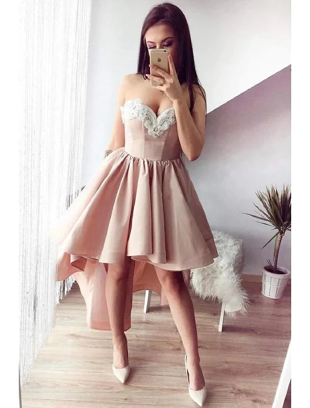 A-Line Cocktail Dresses Party Dress Homecoming Asymmetrical Sleeveless Sweetheart Satin Backless with Appliques