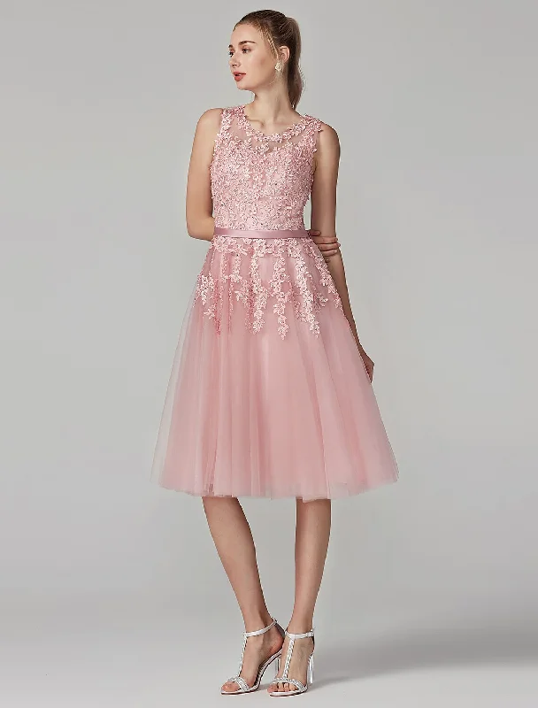 A-Line Cute Dress Cocktail Party Knee Length Sleeveless Illusion Neck Tulle Over Lace with Beading Appliques