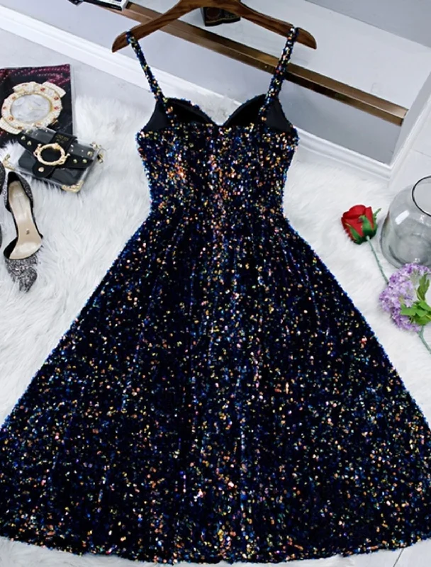 A-Line Sparkle & Shine Holiday Cocktail Party Dress Spaghetti Strap Sleeveless Knee Length Sequined with Sequin