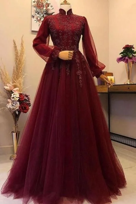 A Line Wine Red Long Evening Dresses Full Sleeve Formal Dress      S3582