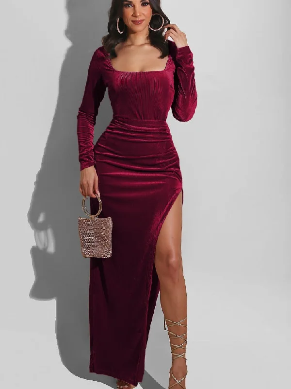 Elegant Velvet High Waist Slit Maxi Dress Sexy Long Sleeve Evening Party Dress