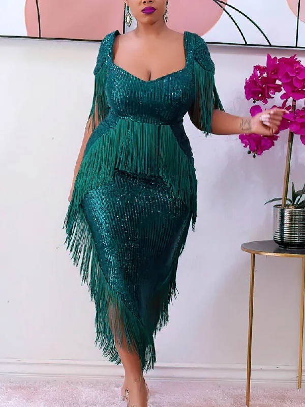 Green Tassel Sexy Irregular Length Sequins Retro Evening Cocktail Party Outfits