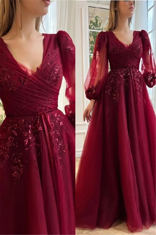 Burgundy V-neck Sequined Appliqued Prom Evening Dress With Lantern Sleeves      S3590