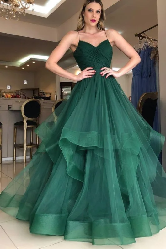 Green Prom Dresses Spaghetti Strap A-Line Tiered Tulle Backless Floor Length Evening Party Gown      S3612