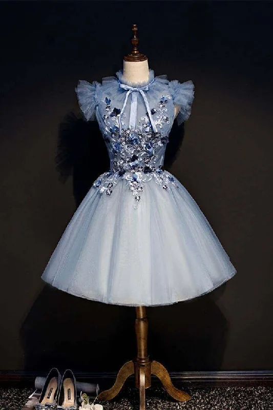 High Neck Short Blue Tulle and Lace Appliques Party Dress        S3289