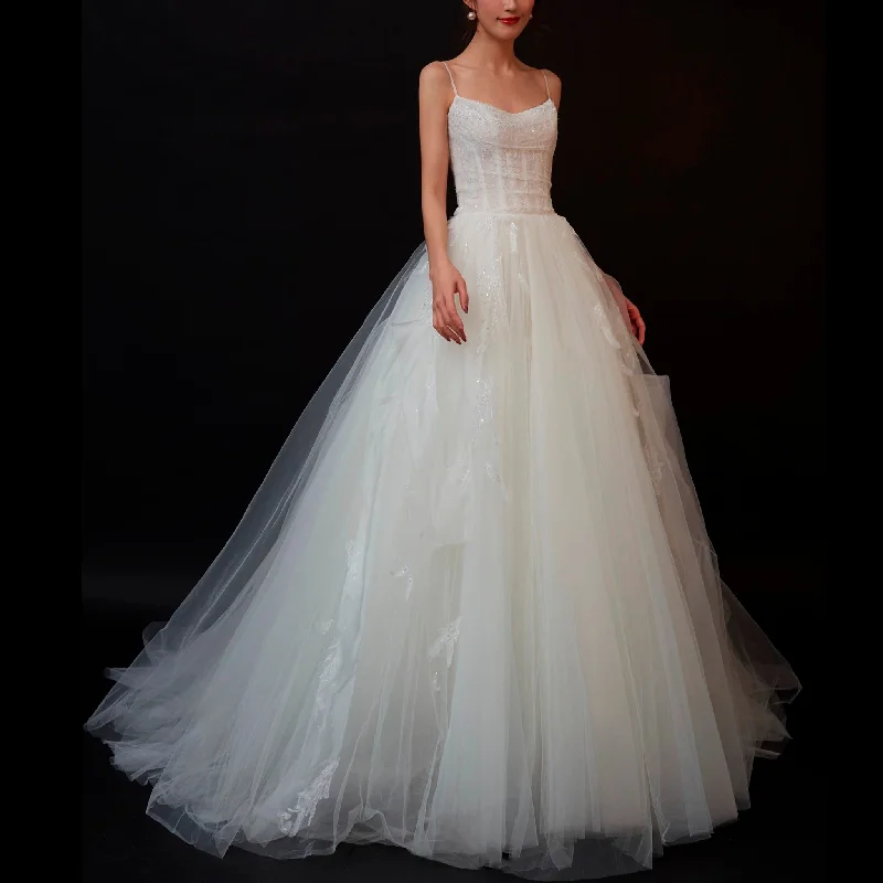 A-line Tulle Applique Lace Wedding Dress with Spaghetti Straps