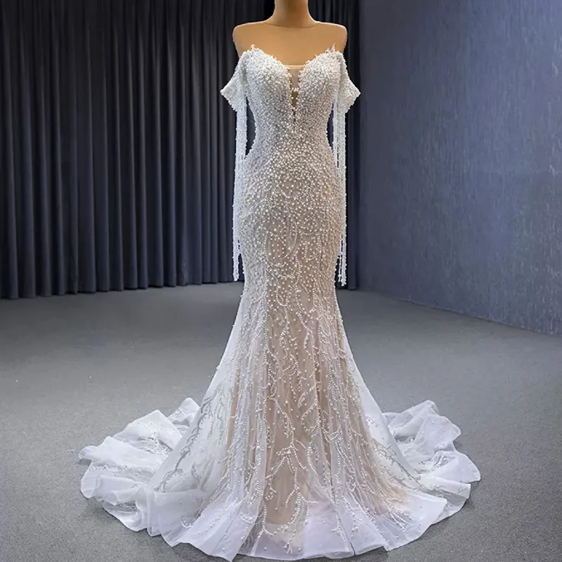 Beaded Pearl Mermaid Wedding Dress Bridal Dress with Off the Shoulder