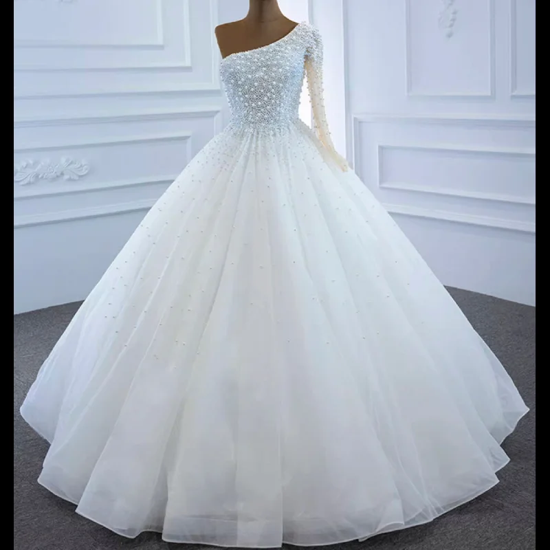 Beaded Pearls Ball Gown Wedding Dress with One Shoulder Long Sleeve