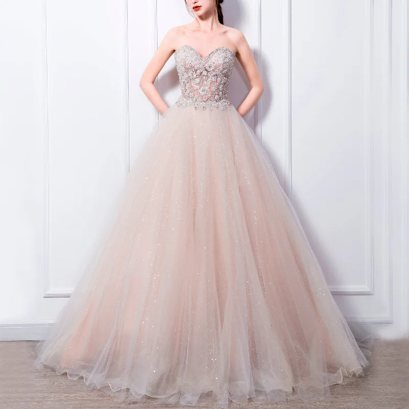 Blush A-line Tulle Wedding Dress with Sweetheart Neckline