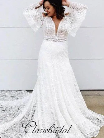 Boho Mermaid Lace Wedding Dresses, Long Wedding Dresses