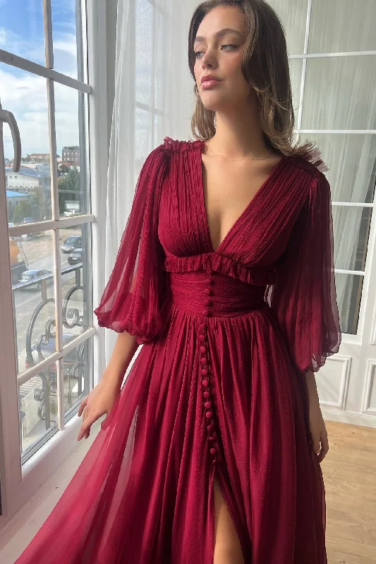 Burgundy Deep V-neck A-line Prom Dresses, Bridesmaid Dresses, Wedding Guest Dresses