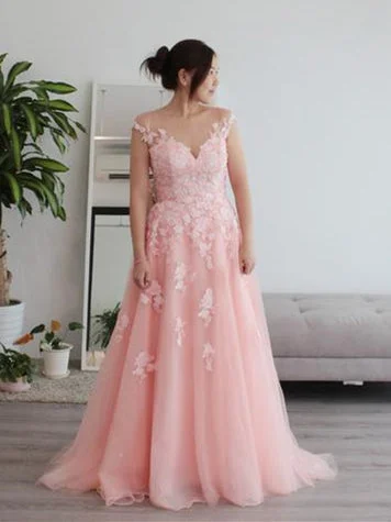 Cap Sleeves A-line Pink Lace Tulle Wedding Dresses, Bridal Gown