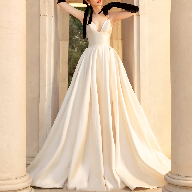 Classic A Line Satin Wedding Dress with spaghetti Straps