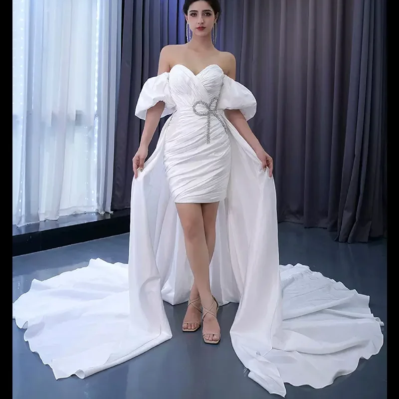 Convertible Short Above Knee Wedding Dress with Detachable Train