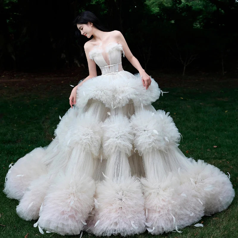 Convertible Strapless Multi-Level Tulle Wedding Dress with Feathers