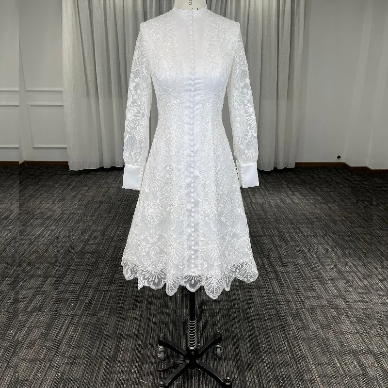 Elegant Tea Length Long Sleeve A-Line Lace Wedding Dresses