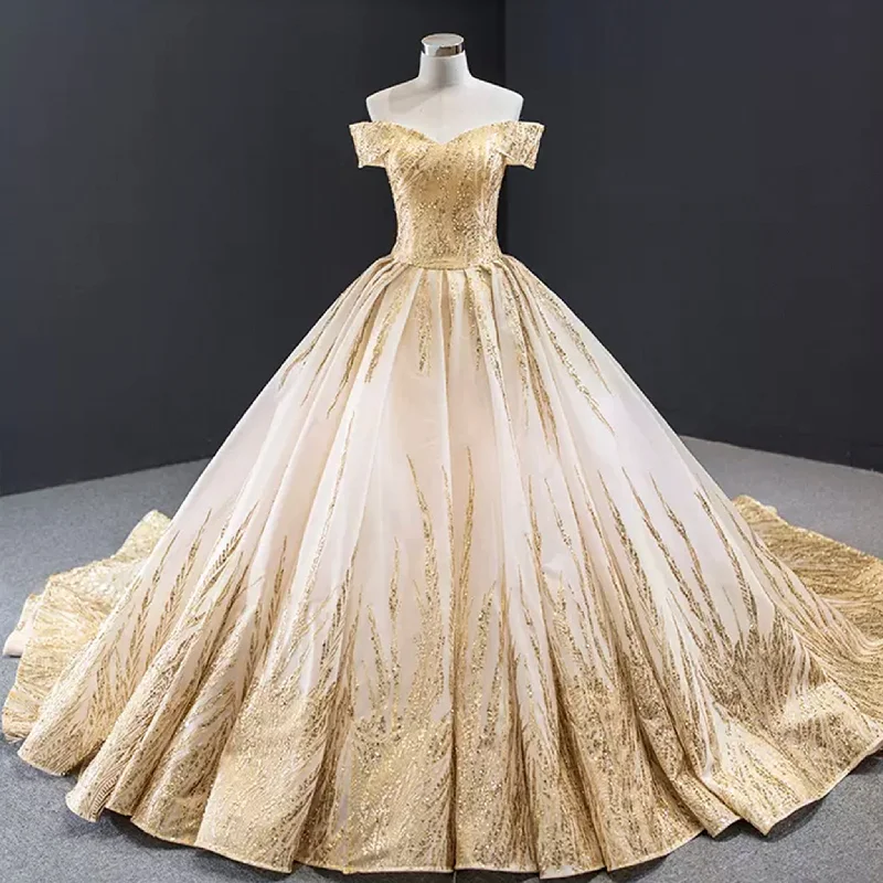 Gorgeous Puffy Skirt Gold Wedding Dress with Off The Shoulder