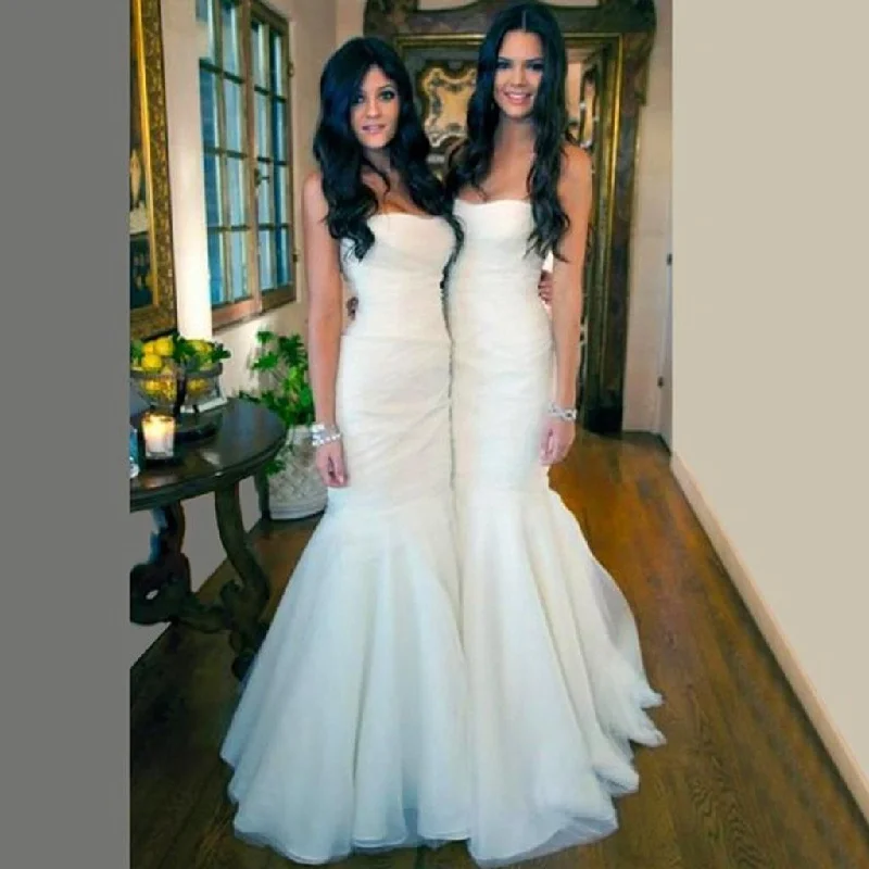 Gorgeous White Tulle Mermaid Long Bridesmaid Dress , Cheap Simple Long Wedding Dress, WG195